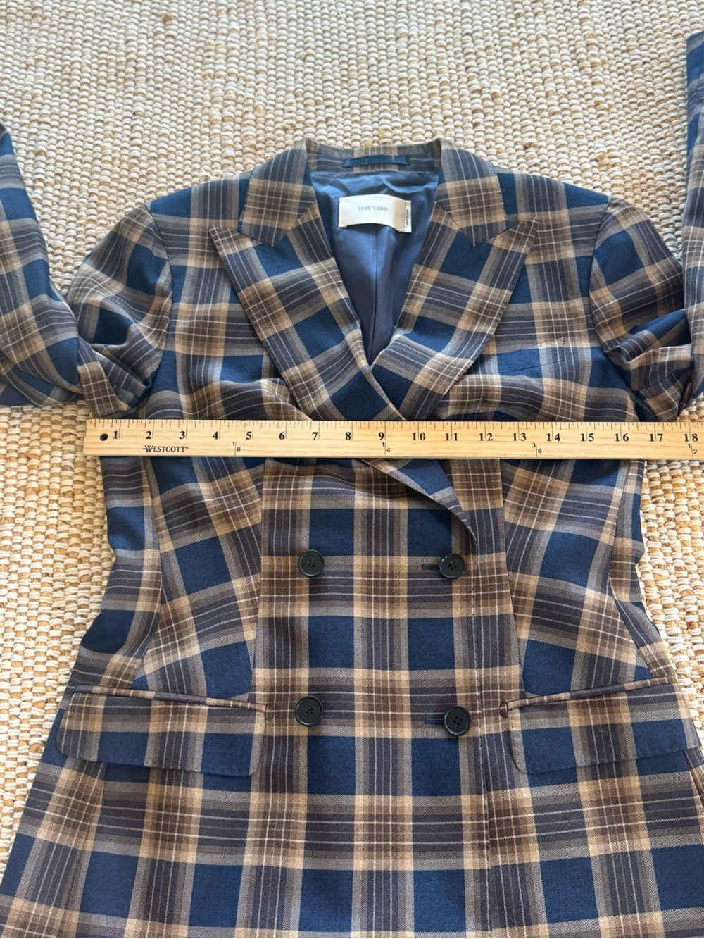 SUISTUDIO Italian Wool Plaid Double Breasted Blazer Cameron Navy Tan US 6 - Picture 6 of 12